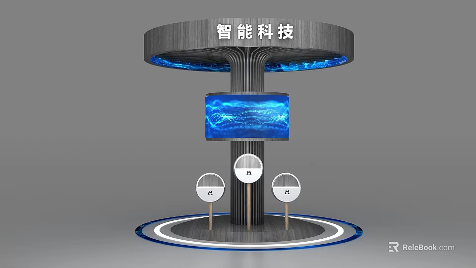 Smart Technology Exhibition Stand with Circular Design Large Display Screen Blue Lighting and Round Devices 3d model