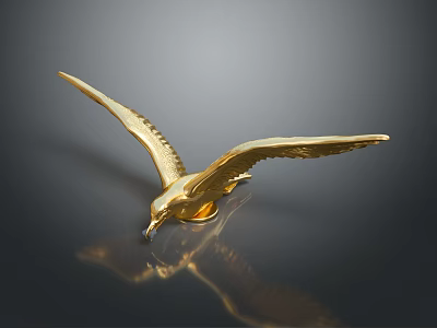 Golden Seagull Sculpture Flying With Outstretched Wings On Dark Background With Reflection 3d model
