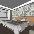 Modern Hotel Guest Room With Two Beds Tree Patterned Wallpaper And Wooden Flooring