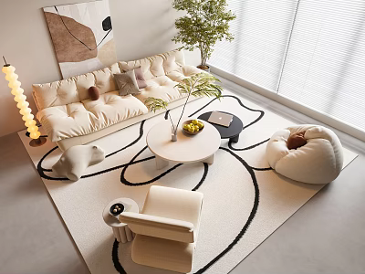 Modern Beige Sofa and Coffee Table Set with Throw Pillows Green Plant and Patterned Rug 3d model