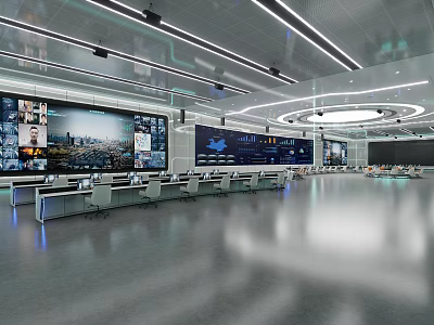 Modern Public Office Space With Large Monitoring Screens And Multiple Rows Of Desks 3d model
