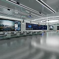 Modern Public Office Space With Large Monitoring Screens And Multiple Rows Of Desks