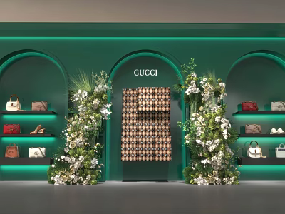 Gucci Store Floral Display With Green Background Arched Doorways And Luxury Bags Shoes 3d model