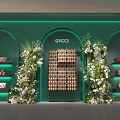 Gucci Store Floral Display With Green Background Arched Doorways And Luxury Bags Shoes