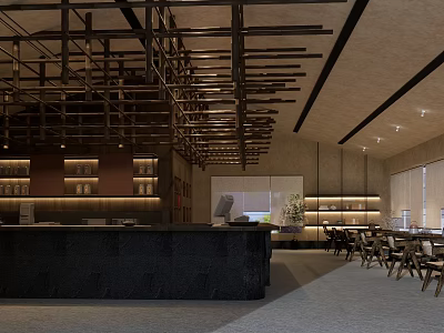Traditional Tea House Interior With Wooden Ceiling Beams Black Counter And Dining Tables 3d model