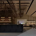 Traditional Tea House Interior With Wooden Ceiling Beams Black Counter And Dining Tables