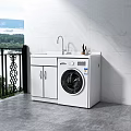 White Washing Machine in Balcony with Cabinet Faucet Marble Wall and Scenic Outdoor View