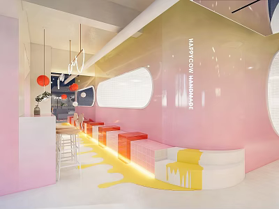 Modern Dessert Shop With Pink Yellow Interiors Curved Walls Round Windows And Orange Seats 3d model