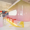 Modern Dessert Shop With Pink Yellow Interiors Curved Walls Round Windows And Orange Seats