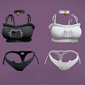 Cute Cat Pattern Women's Bikini Sets With Ruffle Trim In Black And White