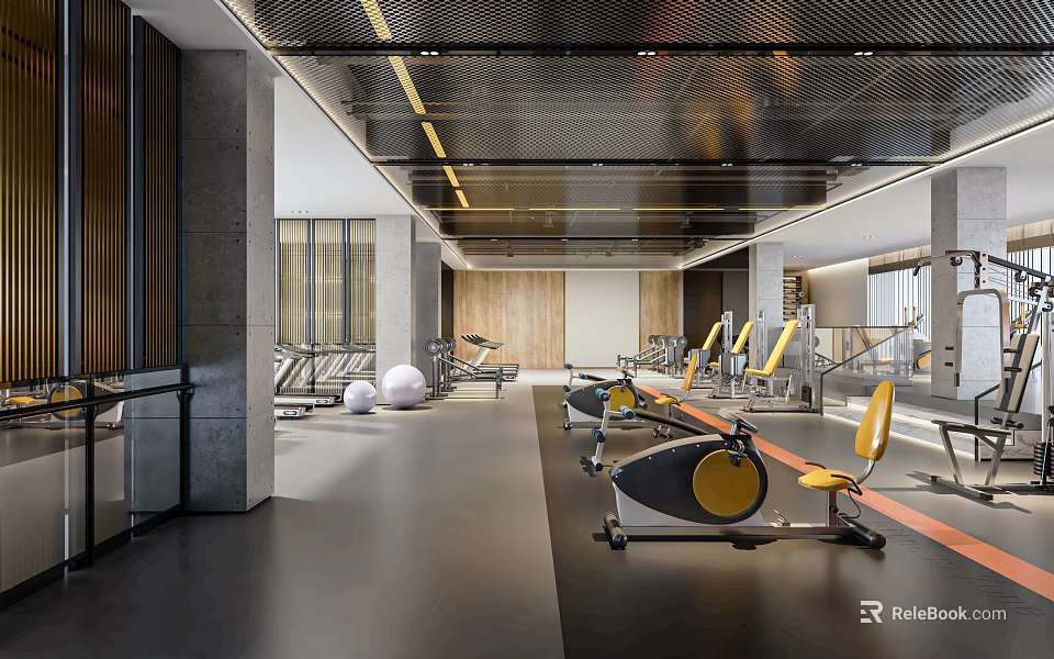 Modern Fitness Gym Interior With Spacious Workout Area Rower Machines And Yellow Seats 3d model 