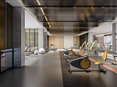 Modern Fitness Gym Interior With Spacious Workout Area Rower Machines And Yellow Seats 3d model