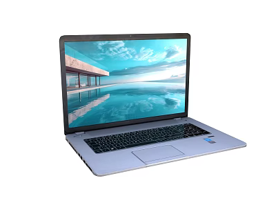 Sleek Silver Laptop with Scenic Water Pool and Architectural Landscape 3d model