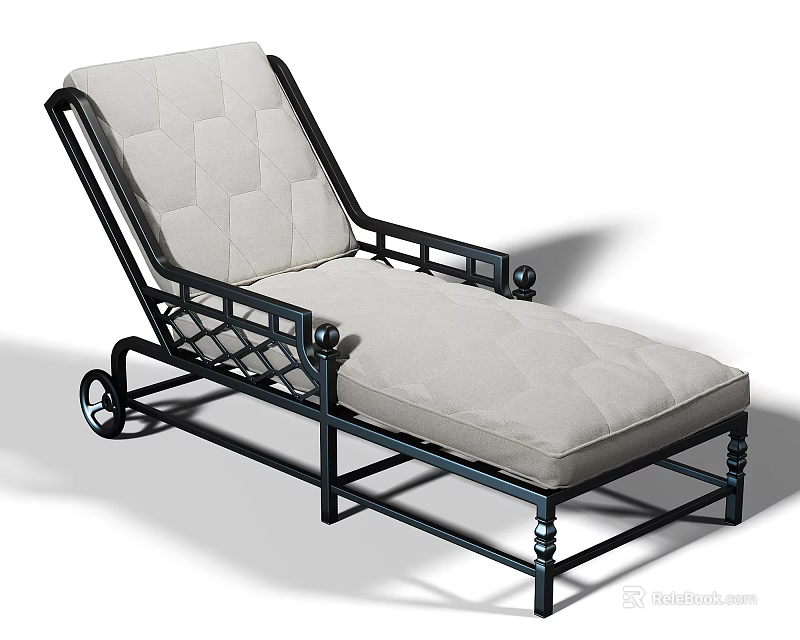 Outdoor Lounge Chair With Black Metal Frame White Padded Cushion Lattice Design And Rolling Wheels 3d model 
