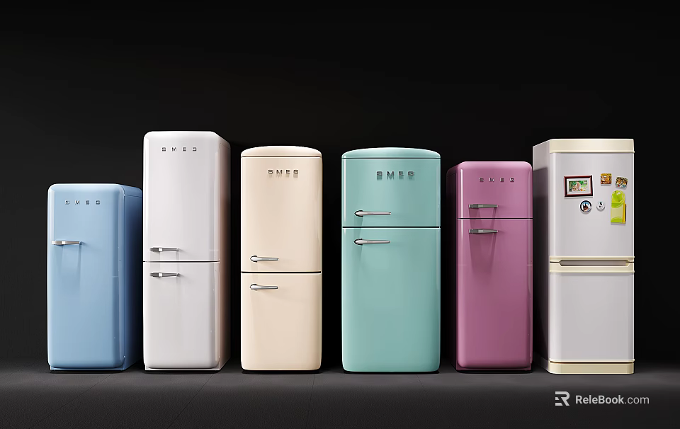 Colorful Retro Refrigerators in Various Hues Arranged in a Row 3d model 