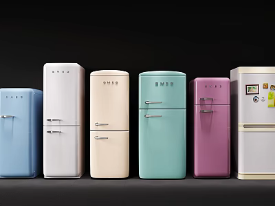 Colorful Retro Refrigerators in Various Hues Arranged in a Row 3d model