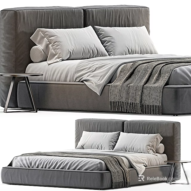 Modern Fabric Double Bed With White Pillows Gray Blanket And Bedside Table 3d model 