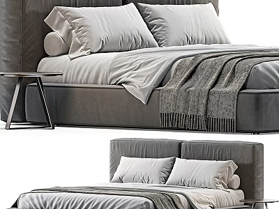 Modern Fabric Double Bed With White Pillows Gray Blanket And Bedside Table 3d model