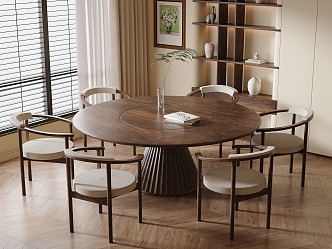 Middle Ancient Style Solid Wood Round Dining Table and Chair Home Dining Room Solid Wood Backrest Dining Chair Six-seat Cabinet Vase Ornaments Venetian Blinds Curtain Wood Floor 3d model