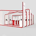 Modern Red And White Exhibition Booth Design With Display Counters White Seating And Digital Screens