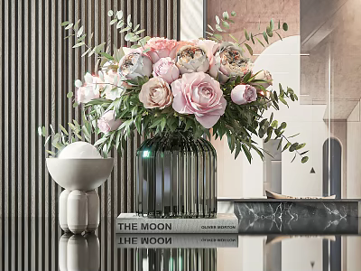 Fresh Pink Roses and Green Leaves Arranged in Metallic Vase on Decorative Table with Books 3d model