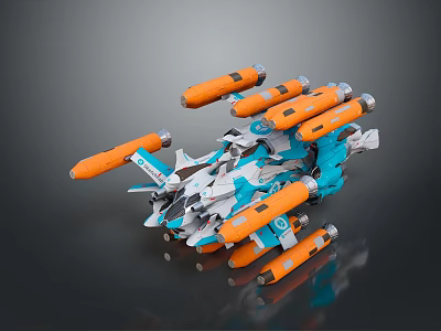 Sci Fi Flying Vehicle 3D Model With Blue White Body And Orange Cylindrical Parts 3d model