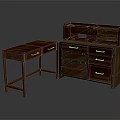Dark Wood Writing Desk And Cabinet With Drawers And Open Shelves
