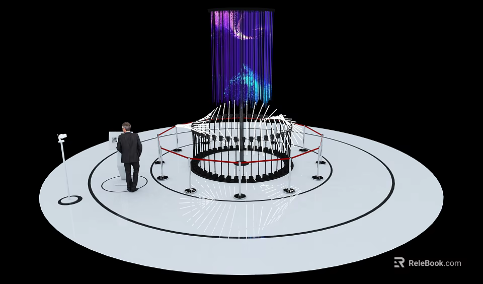 Cultural Art Exhibition Hall With Circular Platform Vertical Metal Structures And Purple Blue Light Projections 3d model 