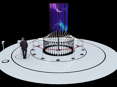 Cultural Art Exhibition Hall With Circular Platform Vertical Metal Structures And Purple Blue Light Projections 3d model