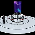 Cultural Art Exhibition Hall With Circular Platform Vertical Metal Structures And Purple Blue Light Projections