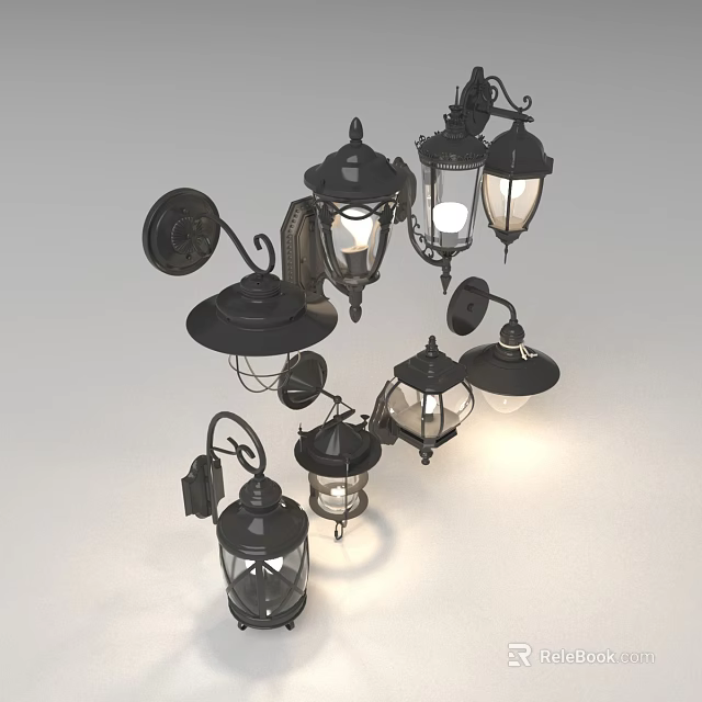 Vintage Metal Wall Lamps With Glass Shades And Various Classic Designs 3d model 