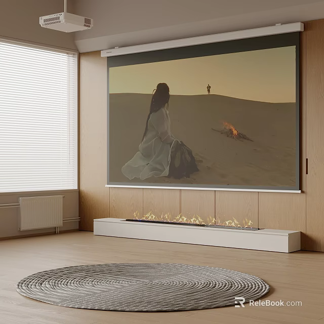Advanced Projection Monitoring Setup In Modern Living Room With Large Screen Fireplace And Wooden Floor 3d model 