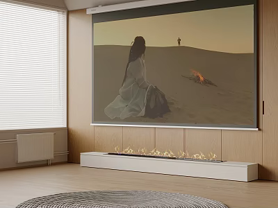 Advanced Projection Monitoring Setup In Modern Living Room With Large Screen Fireplace And Wooden Floor 3d model
