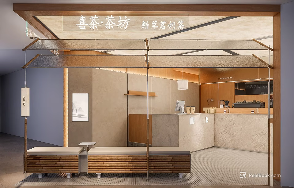Cozy Bubble Tea Shop Interior Design With Fresh Fruit Handmade Tea And Wooden Seating 3d model 