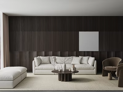 Modern Living Room With Dark Brown Slat Wall White Sofa Round Coffee Table Beige Rug 3d model