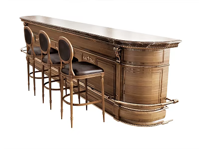 Vintage Bar Counter With Carved Details Smooth Top And Black Seat Metal Leg High Stools 3d model