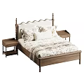 American Retro Solid Wood Double Bed With Upholstered Headboard And Matching Wooden Bedside Tables
