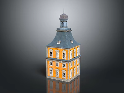 Yellow Building With Multiple Stories White Framed Windows Dark Roof And Tower On Top 3d model