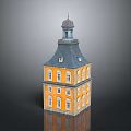 Yellow Building With Multiple Stories White Framed Windows Dark Roof And Tower On Top