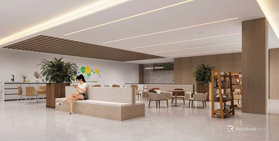 Modern Comfortable Lounge Area Interior With Bench Tables Chairs Green Plants And Wall Decorations 3d model 