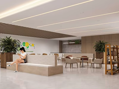 Modern Comfortable Lounge Area Interior With Bench Tables Chairs Green Plants And Wall Decorations 3d model