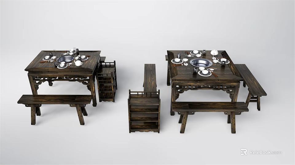 Wooden Dining Table Set With Matching Stools Side Cabinet And Dishes 3d model