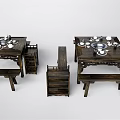 Wooden Dining Table Set With Matching Stools Side Cabinet And Dishes 3d model