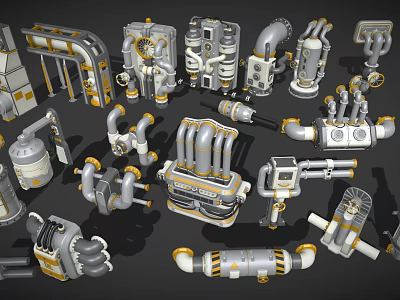 Steampunk Light Fixture Set With Pipes Mechanical Elements And Gray Gold Accents 3d model