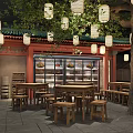 Traditional Japanese Style Restaurant Interior With Hanging Lanterns Wooden Structures And Green Plants