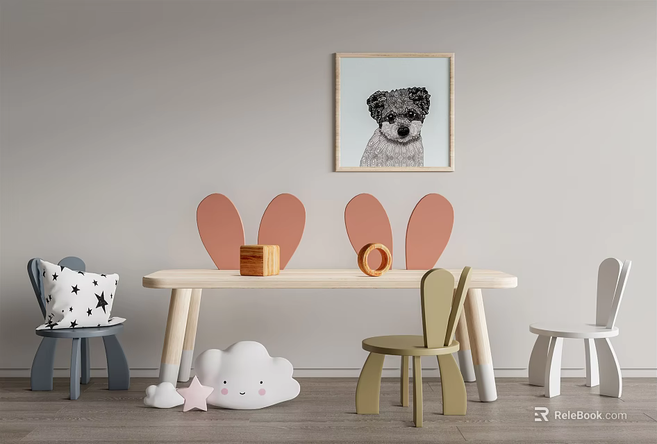 Wooden Kids Table With Rabbit Ears Decor Small Chairs And Plush Toys 3d model 