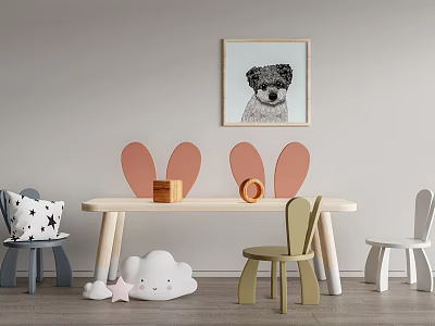 Wooden Kids Table With Rabbit Ears Decor Small Chairs And Plush Toys 3d model