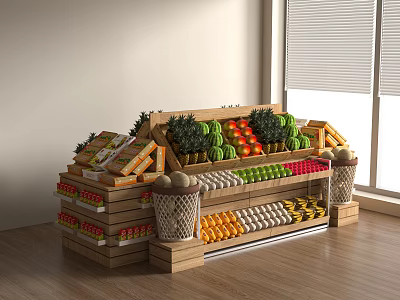 Well Arranged Wooden Display Shelf with Assorted Fresh Fruits and Packaged Goods by Window 3d model