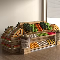 Well Arranged Wooden Display Shelf with Assorted Fresh Fruits and Packaged Goods by Window
