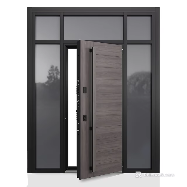 Modern Wood Hinged Door With Black Frame And Glass Panels For Interior Design 3d model 
